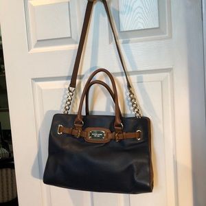 Michael Kors Hamilton Handbag in navy & tan leather.